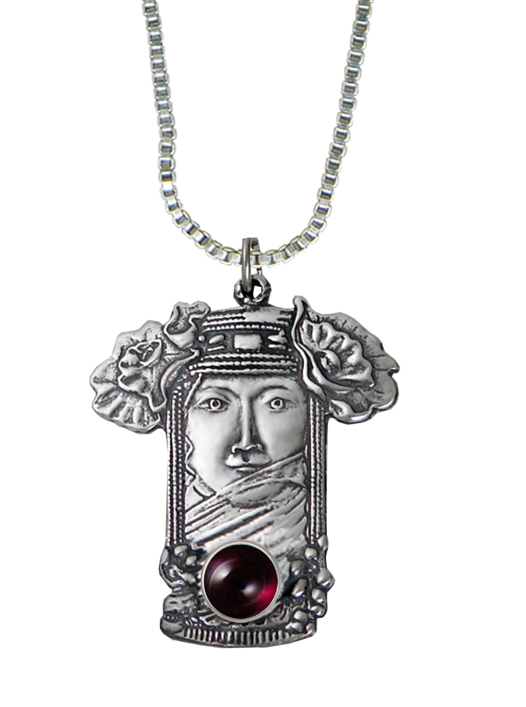Sterling Silver Veiled Woman Maiden Pendant With Garnet